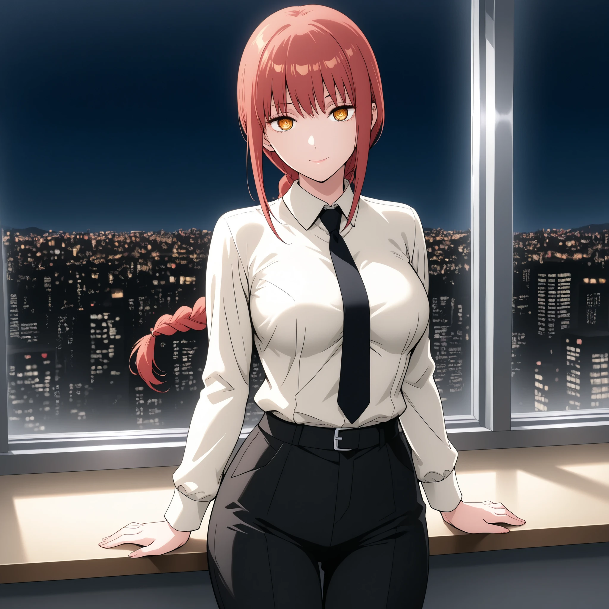 makima, makima, long hair, red Hair, smile, bangs, braid, braided ponytail, yellow eyes, ringed eyes,
shirt, long sleeves, white shirt, necktie, collared shirt, pants, black pants, formal, suit, shirt tucked in,
Office, night, standing by window
looking at viewer, front view, cowboy shot, solo,cute breasts,
(((1girl, solo))) adult, mature, +18