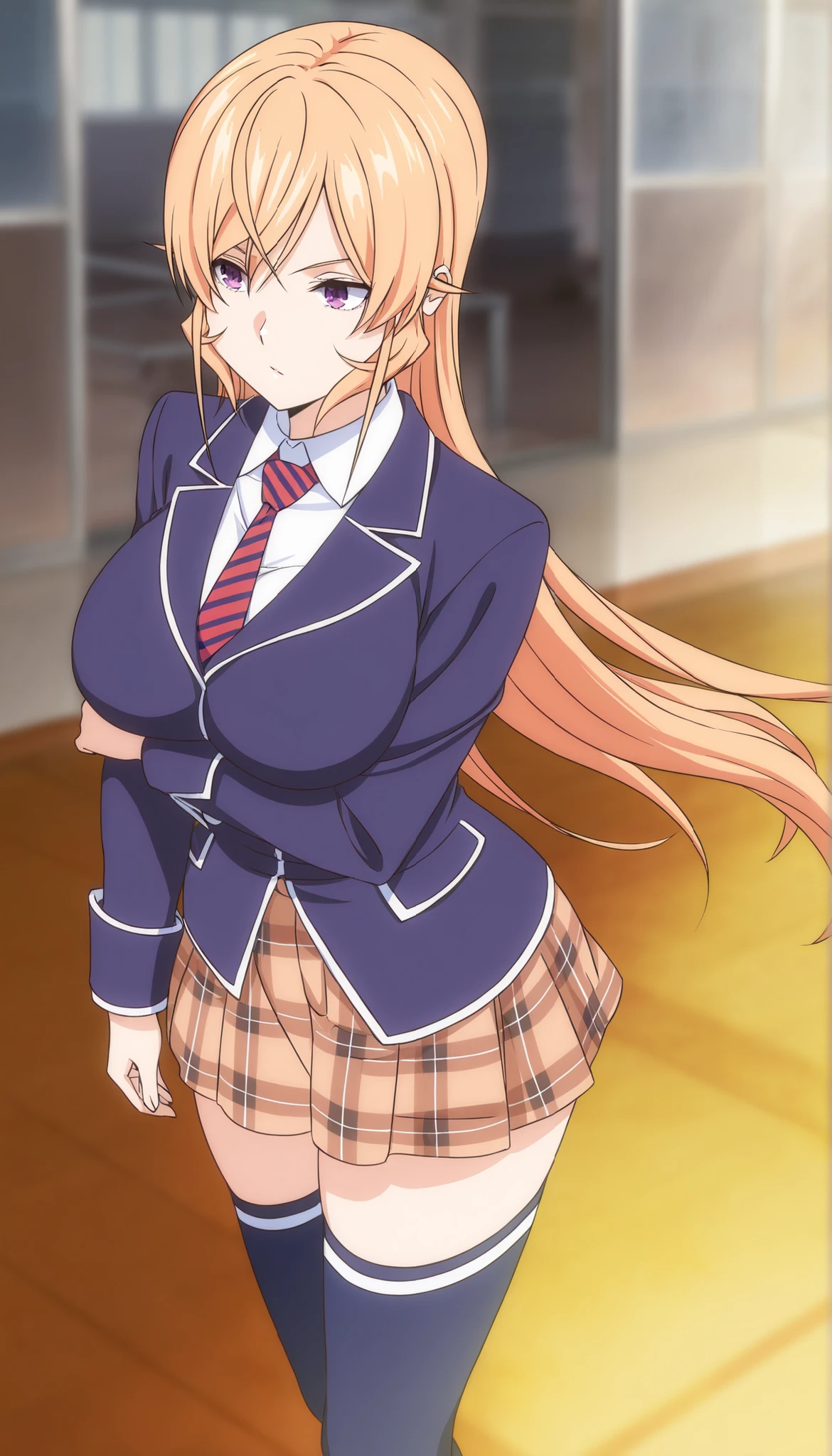 masterpiece,best quality,Nakiri Erina, long hair,blonde hair,hair between eyes,purple eyes,school uniform,blue jacket,blazer,wing collar,red striped necktie,white shirt,collared shirt,long sleeves,large breasts,,mini brown plaid skirt,blue thighhighs,, standing 