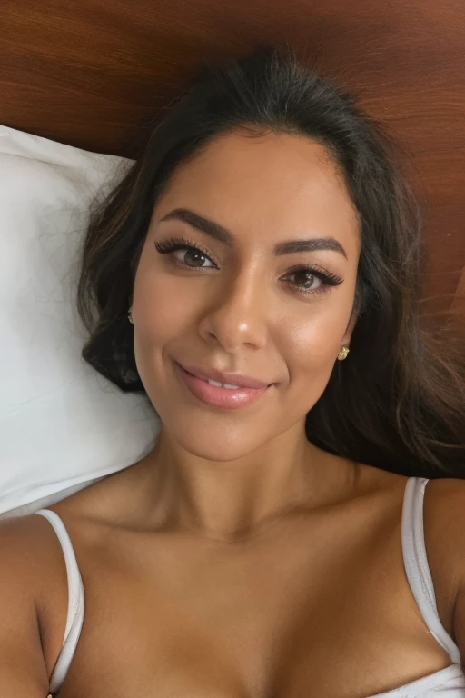 brunette hair, realistic pink juicy sexy lips, Create a phf a beautiful Egyptian, a curvy body, a happy expression, wearing design printed pashima shawl and lying in silk pink bed