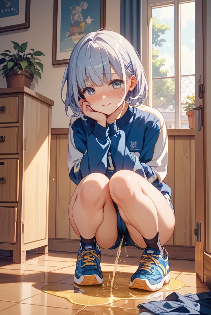 Browsing Caution,masterpiece,Highest quality,High resolution,Very detailed,sauce_anime, screenshot, Shiroko \(Blue Archive\)、Blue eyes、Grey Hair、Medium-long hair、Wolf Ears、Hello,Track jacket,Bloomers,White socks,sneakers,Ahegao, Masturbation, corner Masturbation, naked, Blushing, trembling