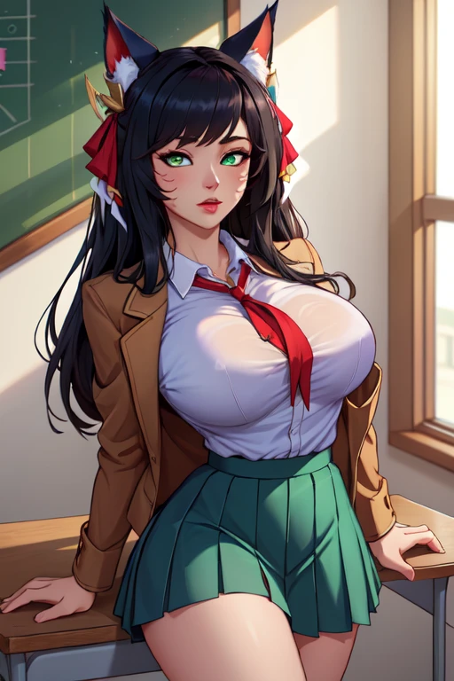 Best quality, solo mature woman, giant breasts, giant ass, very curvy, wavy hair in high pony, green eyes, full lips, seductive, pale yellow plaid blazer, white turtle neck, tight pencil skirt, hair bow, cute smile, curvy physique, flowery choker, multiple piercings, bimbo
