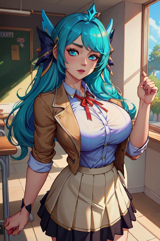 POV: ((((Super huge enormously gigantic breasts, cleavage showing)))) blue hair, school girl uniform and school girl skirt, lace panties, skinny, slim thick, small waist, 8k, UHD, (accentuated super huge enormously gigantic , sexy seductive slutty pose), school classroom background 