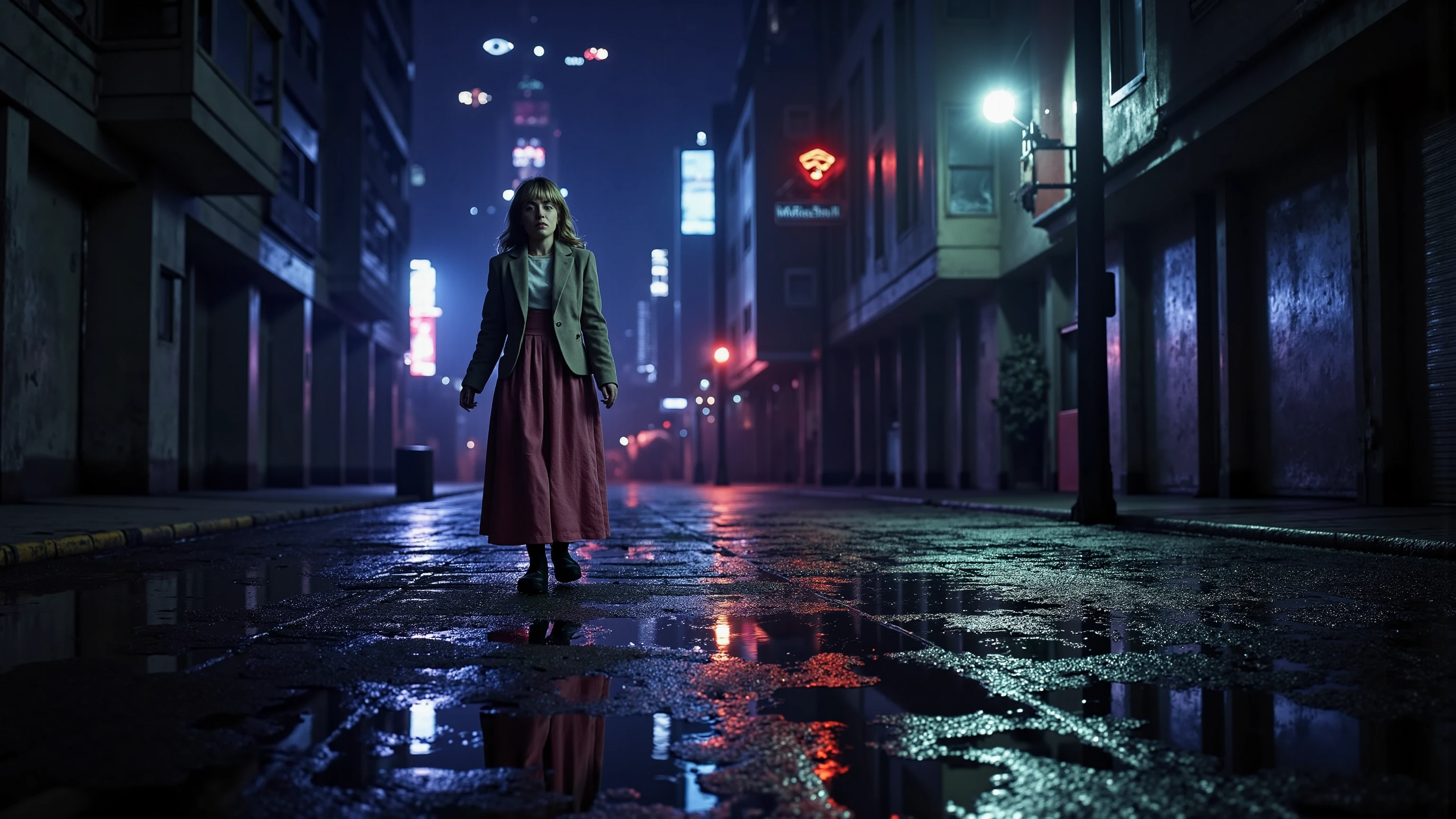 Alice Liddell, street lights, (black light), tilt angle, Eye of Providence, fisheye-lens, mad, lunatically, creepy, glowing geometrical fish, radio tower
