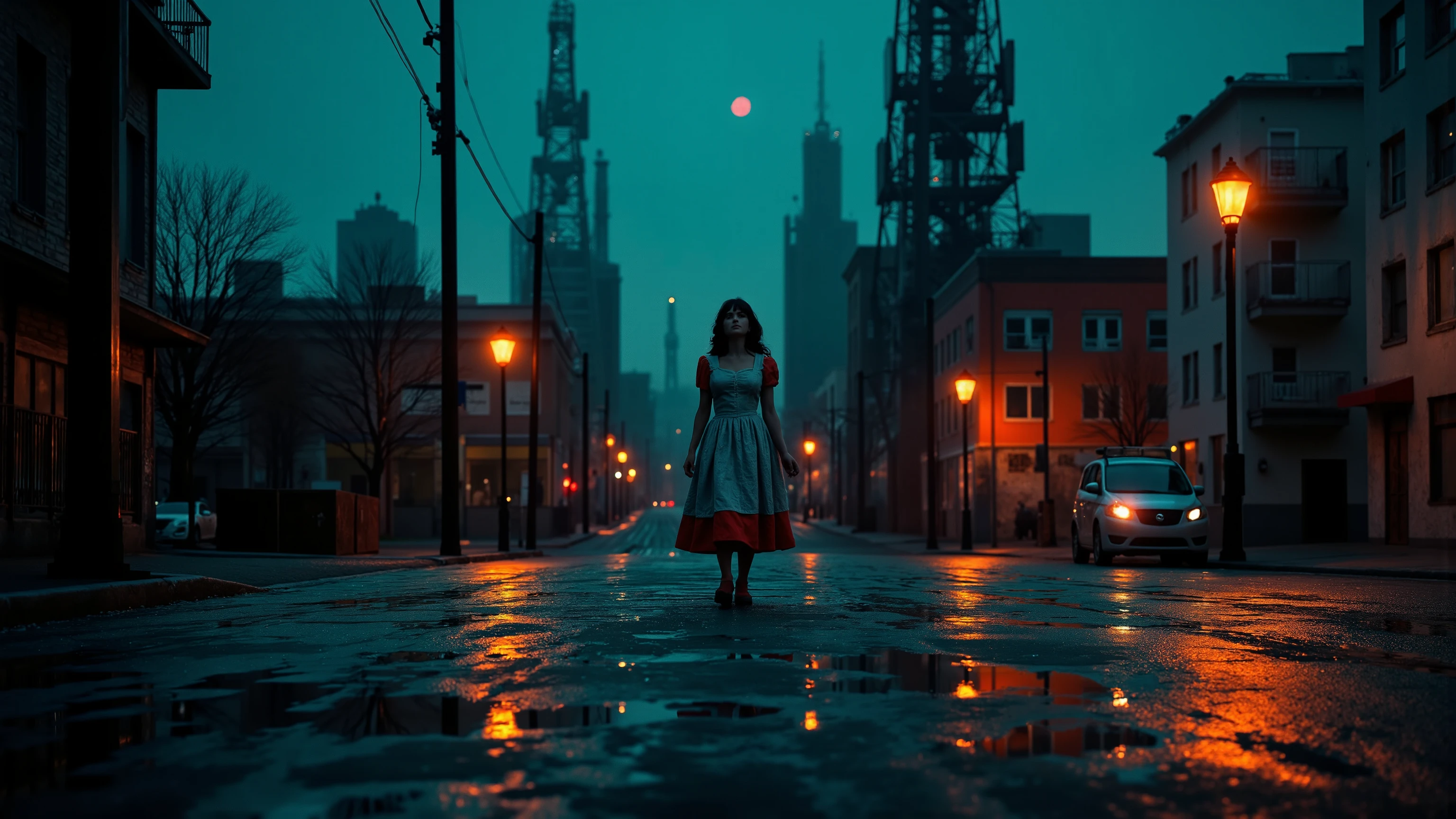 Alice Liddell, street lights, (black light), tilt angle, Eye of Providence, fisheye-lens, mad, lunatically, creepy, glowing geometrical fish, radio tower
