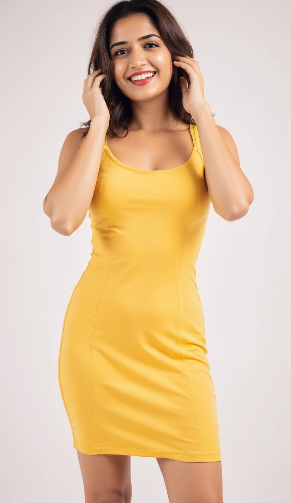 Mujer que mide 1,66 metros sin tacones, es una joven muy voluptuosa, y sus medidas son casi perfectas: 87, 66 and 99 centimeters. Besides, la modelo pesa 55 kilos, black hair, blue pupils, delicate face, cute, love earrings, yellow dress,