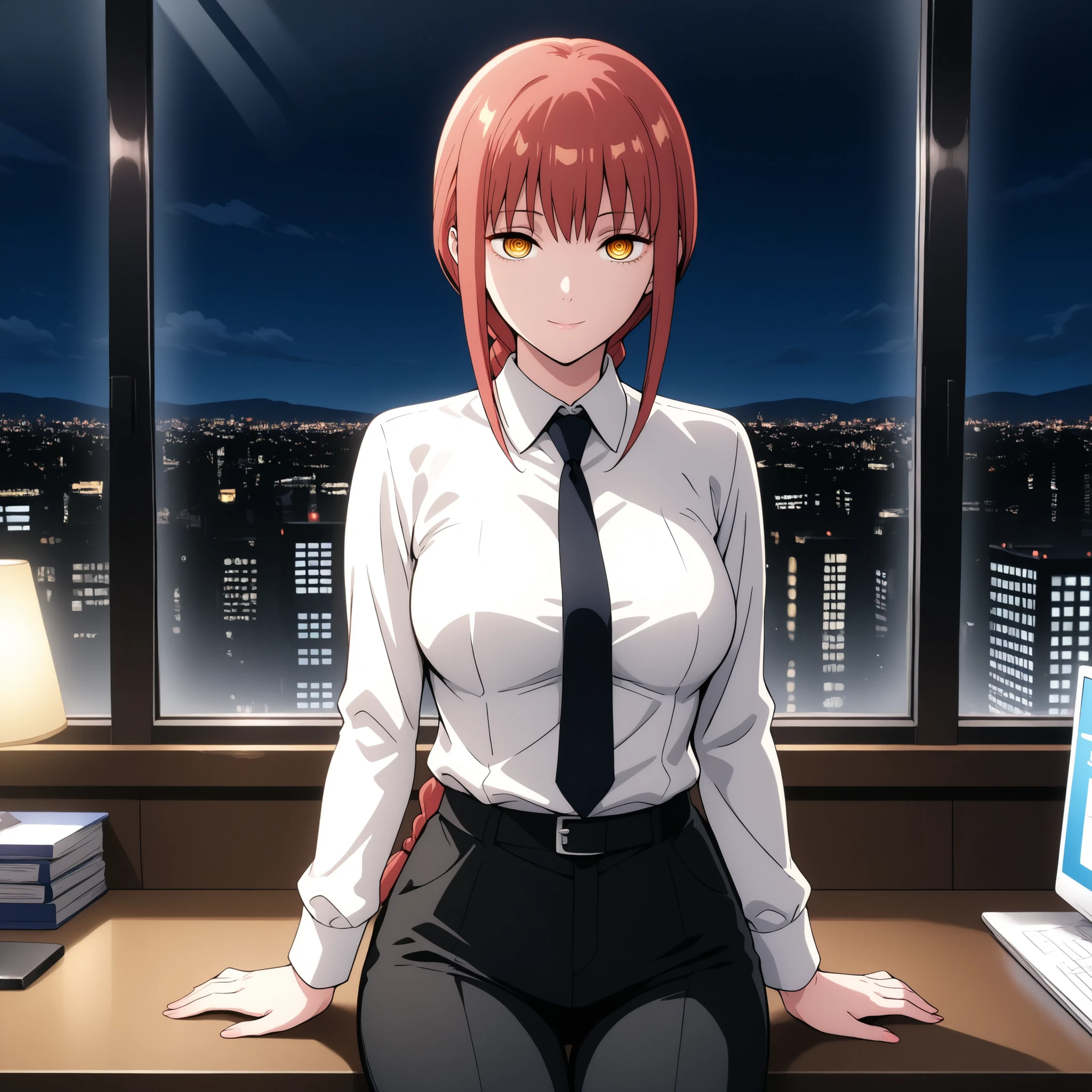 makima, makima, long hair, red Hair, smile, bangs, braid, braided ponytail, yellow eyes, ringed eyes,
shirt, long sleeves, white shirt, necktie, collared shirt, pants, black pants, formal, suit, shirt tucked in,
Office, night, standing by window
looking at viewer, ((sitting)), front view, cowboy shot, solo,cute breasts,
(((1girl, solo))) adult, mature, +18