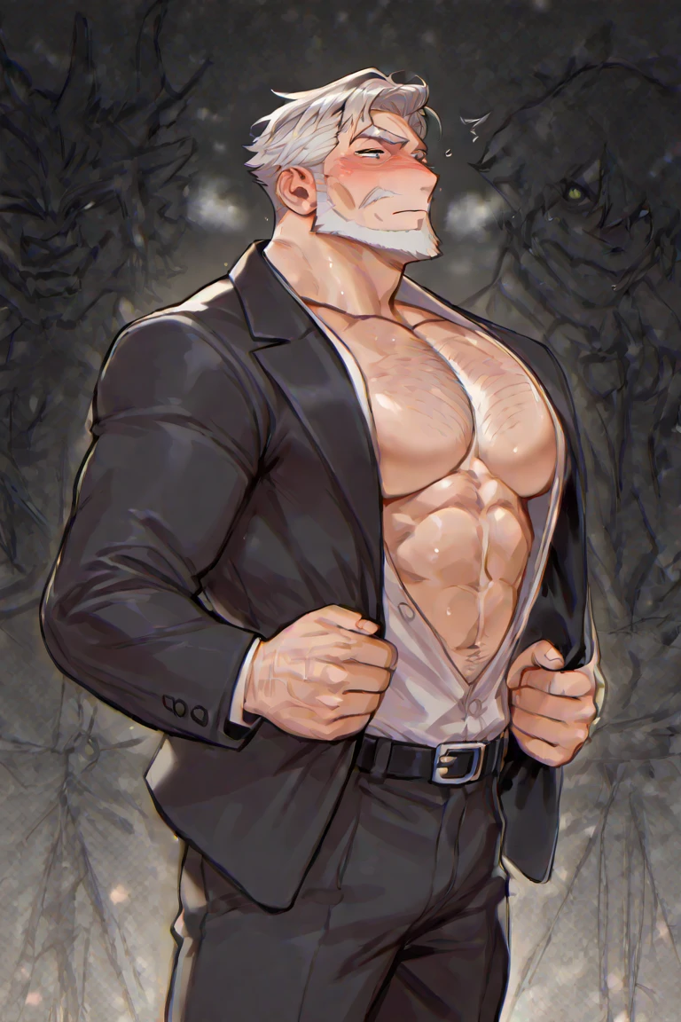 , grey haired bearded handsome muscular man wearing an open button White shirt and red tie and grey pants laughing,gagged ,hands above head tied up, blindfolded, blushing face, , armpits tickling by hands, ribs tickling by hands, office background