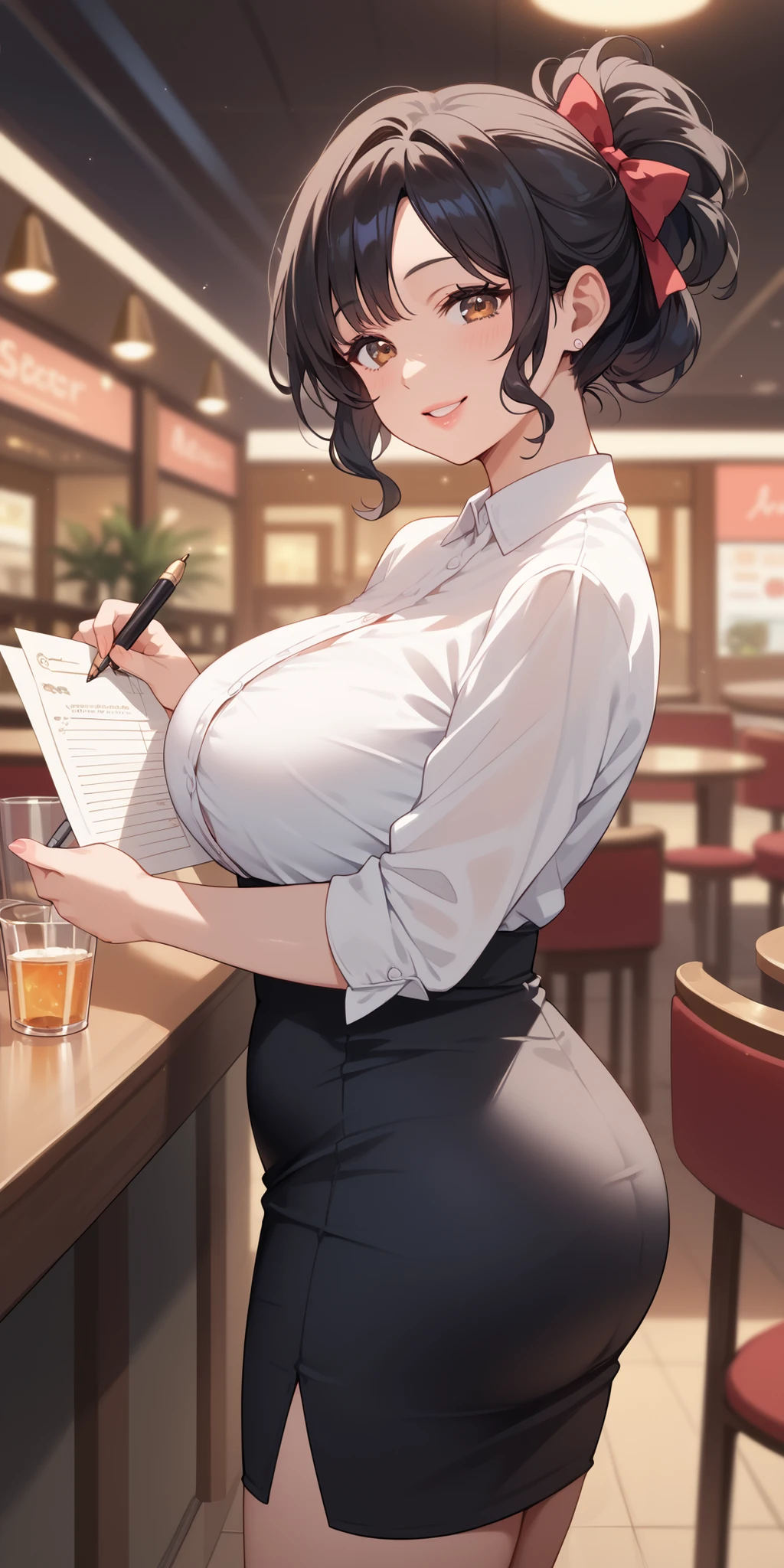 Adult, female, 1girl, waitreses, restaurant, tables, black pencil skirt, standing, holding pen and paper, mature, peircing, evening, romantic, voluminous bangs, long wavy hair, black hair, tied hair, brown eyes, voluptuous body, big breasts, plump lips, seductive round ass, tight, sexy woman, proffesional, fashionable, outfit, cheeky smile, shot, close up, (Masterpiece, Anatomically Correct, Accurate, Best Quality, Detail, High Details, Quality, Super Detailed, High Quality, Skin Detail, Amazing Skin Detail), (SuperQuality:1.0) ~ (SuperQuality:1.2)