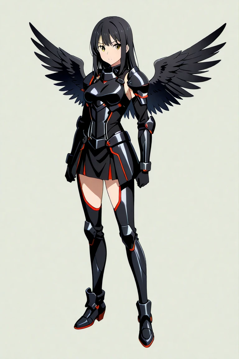 ((best quality)), ((masterpiece)), (detailed), white background, pale skin, head to thigh shot, black eyes, black hair. 1 girl, angel, long straight hair, 2 feathery black wings, petite teen, armor, middle split bangs, pants