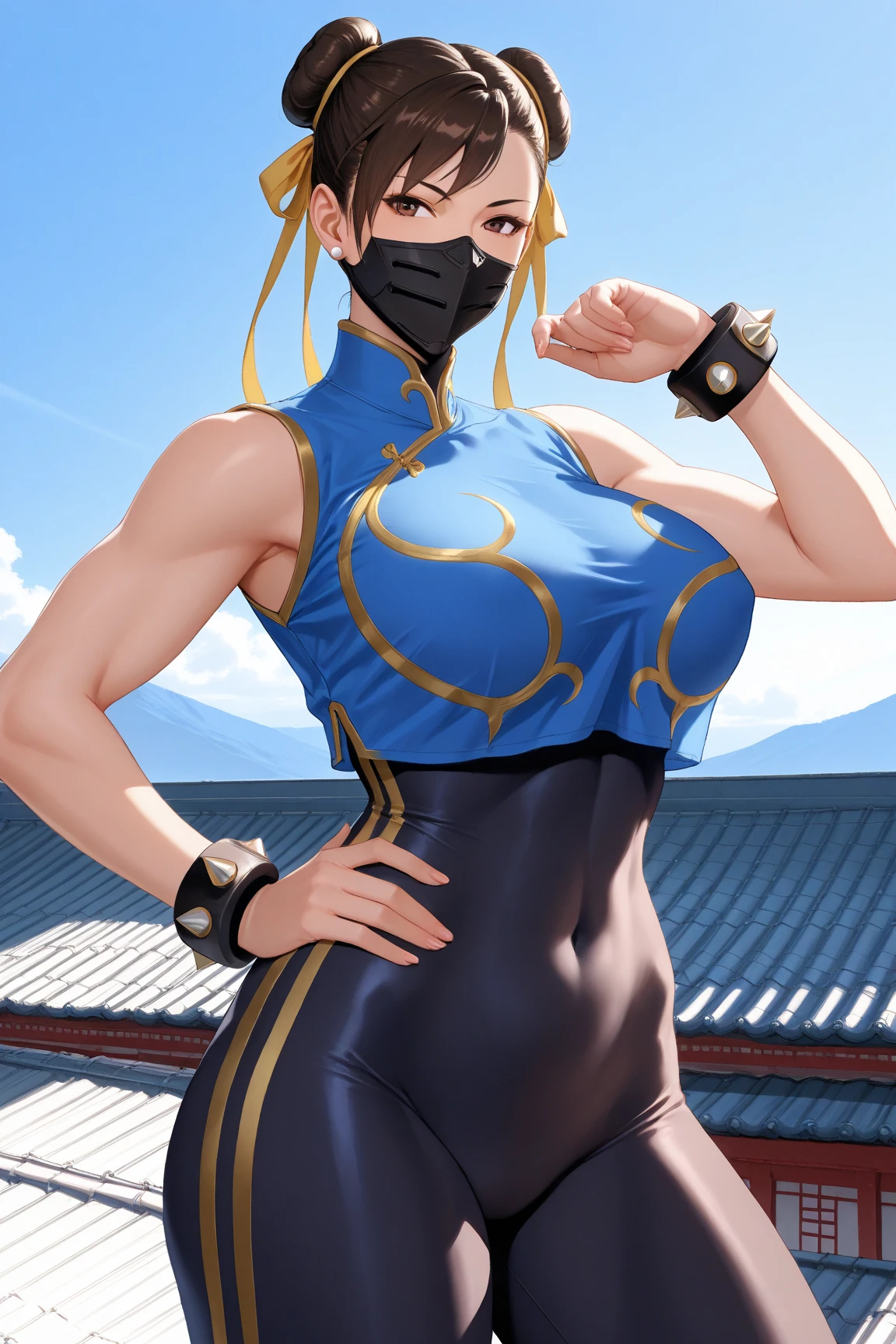 1girl, blonde hair, pixie cut, very short hair, blue eyes, mouth mask, mask, large breasts, thick thigs, kunoichi, ninja, knife, pantyhose