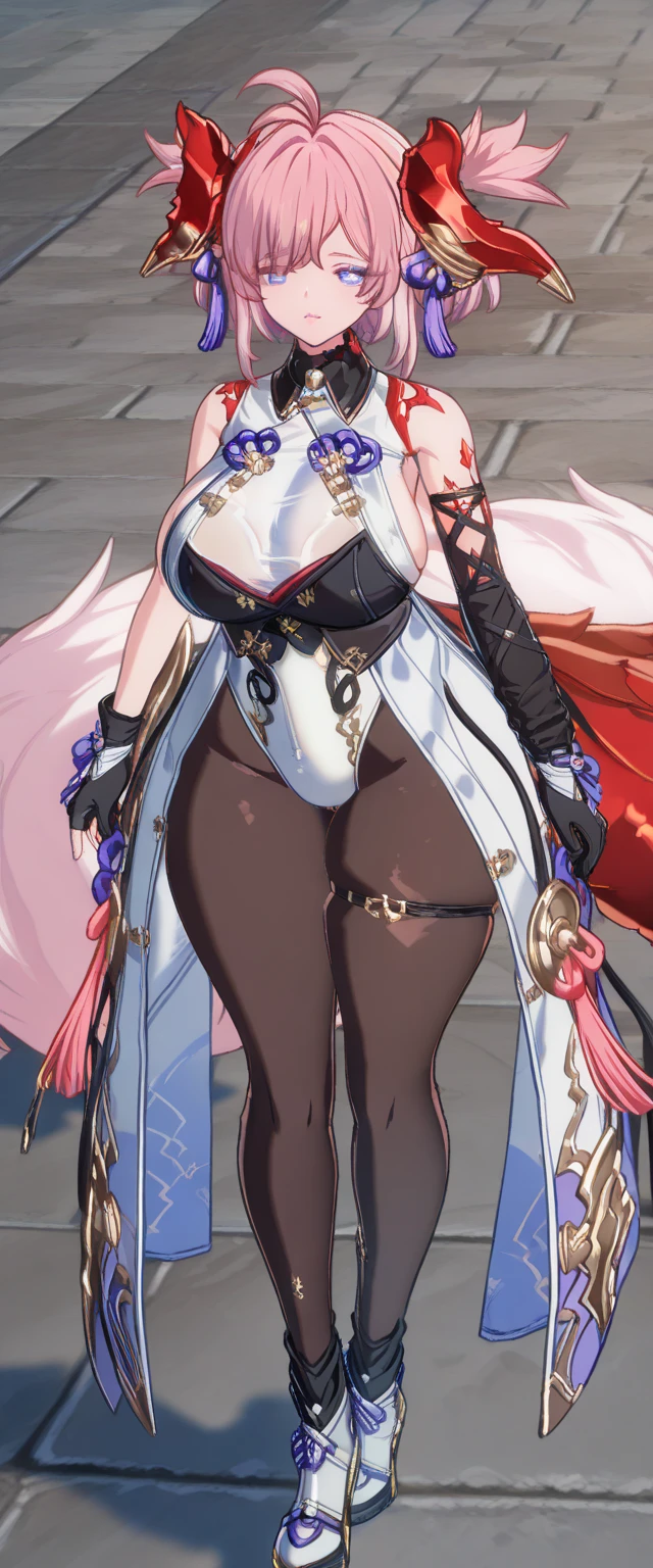 (((Plain background 1:2))) (masterpiece, high quality: 1.1) 1girl full body standing, hairstyle with a braid, white colored hair, yellow eyes, perfect lighting, muscular, thighs, mature woman, mummy, bellybutton, abs, looks at the viewer smile RED CHEEKS, extremely huge breasts, maternal, porcelain skin, extra very long hair, sparkly skin, good face, chest cover, HANDS ON HIPS