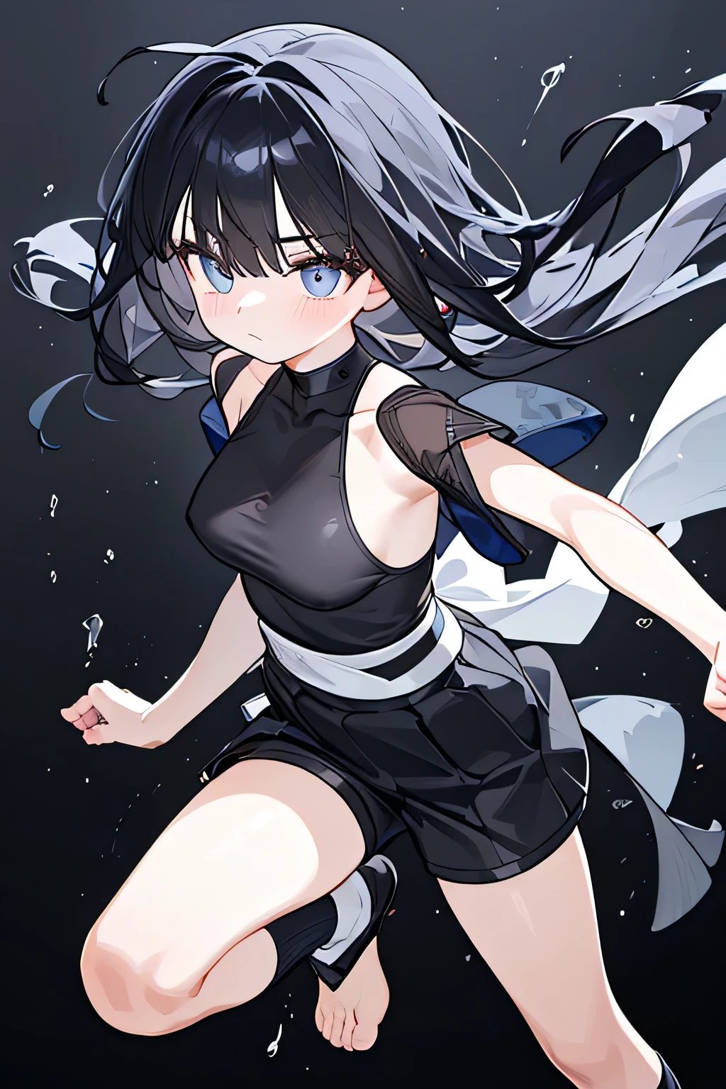 one beautiful girl,NINJA WIND,((Hair covering one eye)),Mysterious Atmosphere, natural body,( mesh short sleeve+Black neck ,Dabby pants,NINJA WIND,), Uri, socks,clear skin,(Slender Body,marshmallow breasts ,),beautiful black hair,detailed clothes,well-groomed face,middle school students,Fair skin,Japanese face,