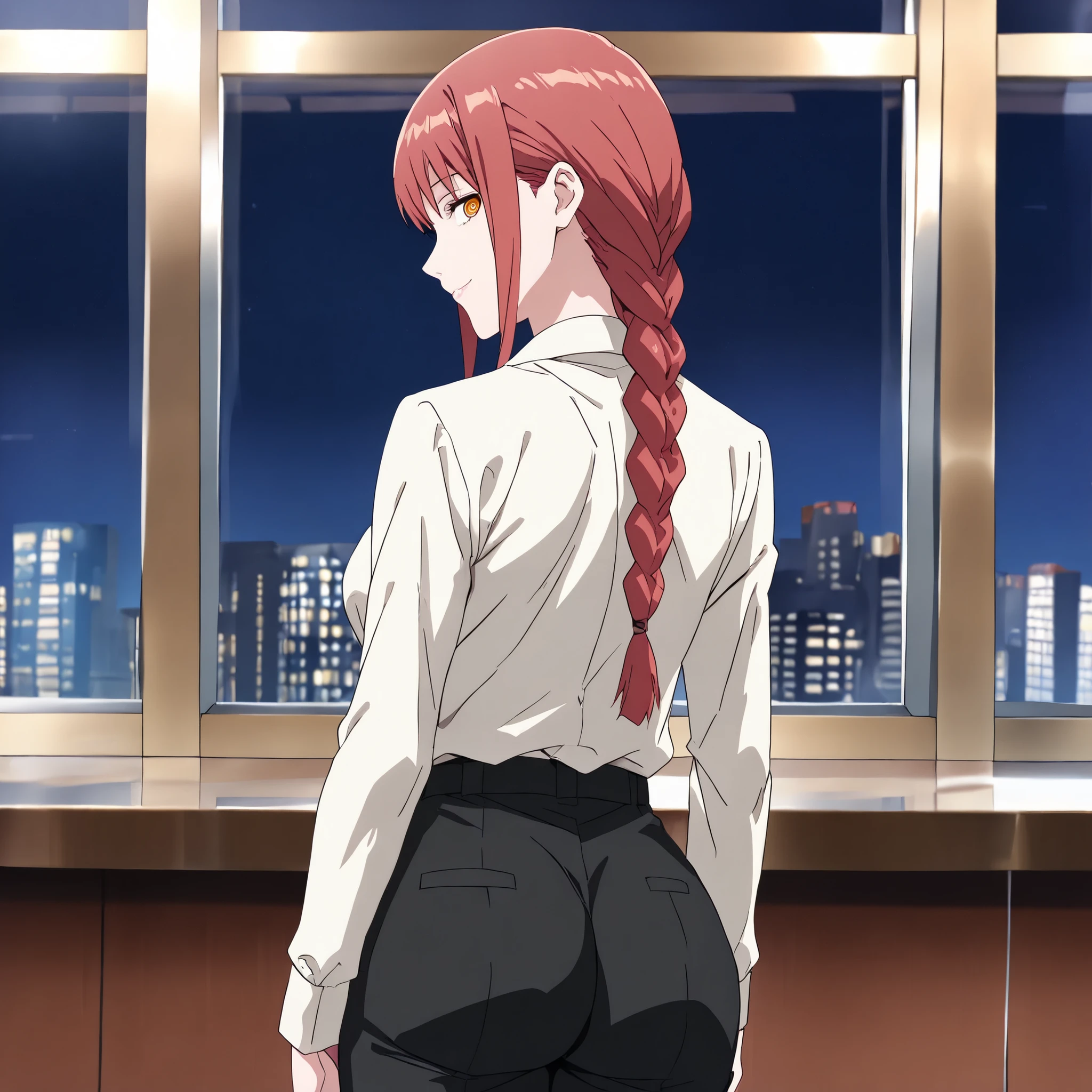 makima, makima, long hair, red Hair, smile, bangs, braid, braided ponytail, yellow eyes, ringed eyes,
formal, suit, shirt tucked in, black pants,
Office, night, standing by window
standing, looking back at viewer,back view, cowboy shot, solo, cute ass,
(((1girl, solo))) adult, mature, +18