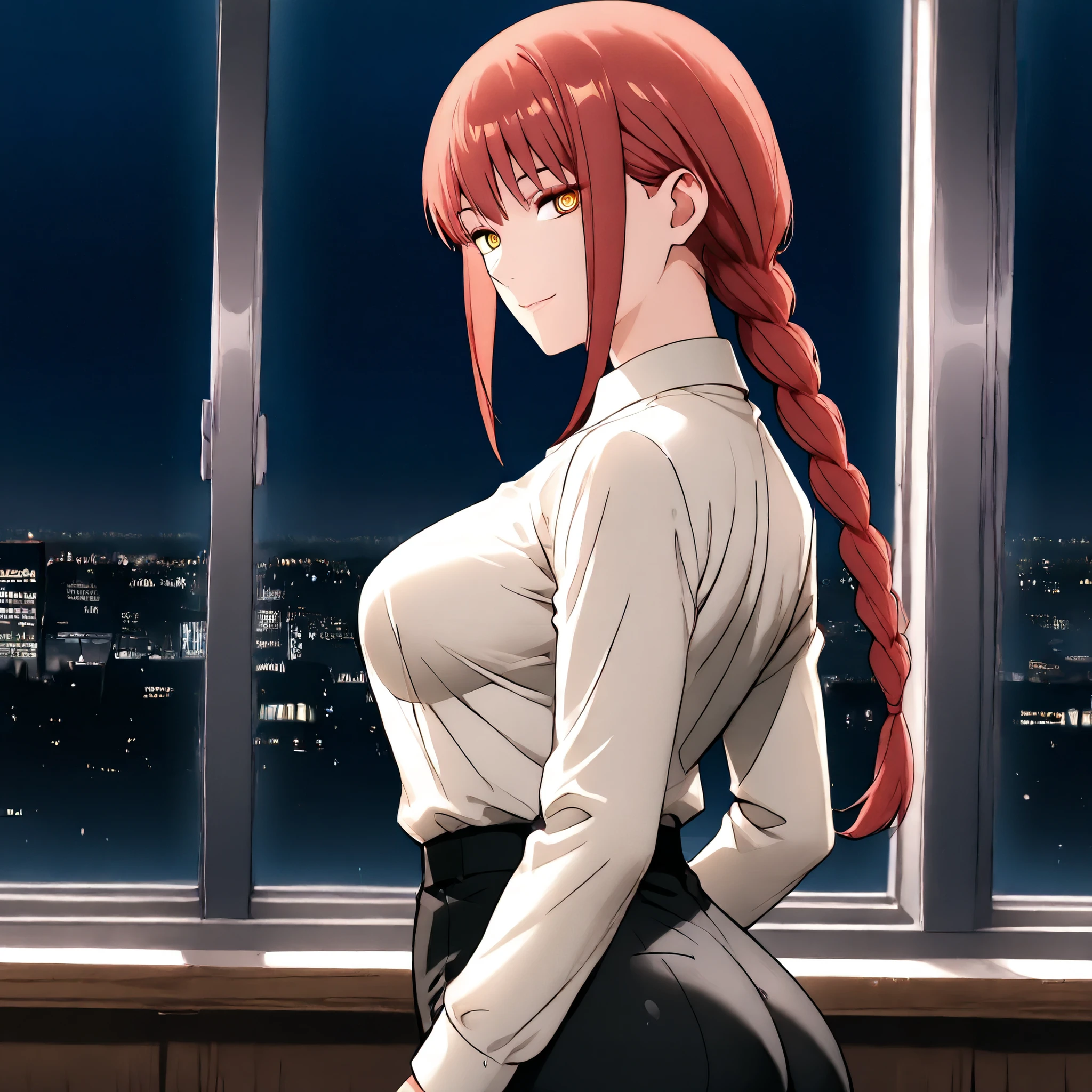 makima, makima, long hair, red Hair, smile, bangs, braid, braided ponytail, yellow eyes, ringed eyes,
formal, suit, shirt tucked in, black pants,
Office, night, standing by window
looking at viewer,side view, cowboy shot, solo,cute breasts,cute ass
(((1girl, solo))) adult, mature, +18