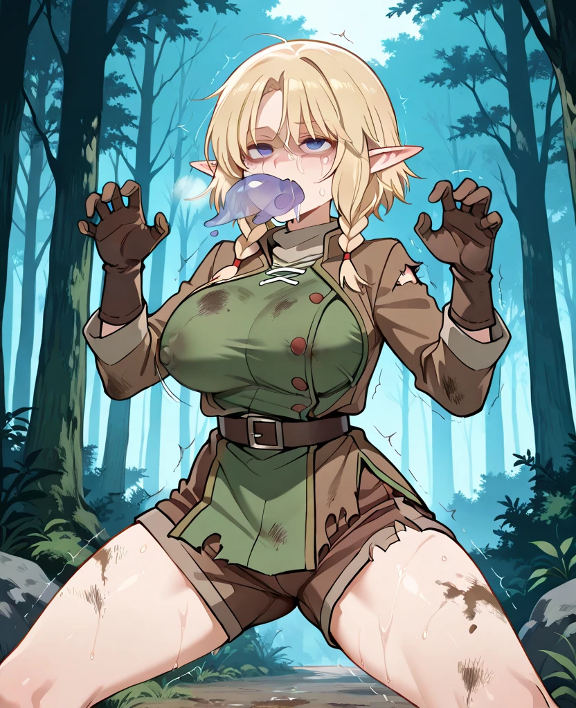 NSFW,Ryu Lion、Blonde、blue eyes、Elf、Eye hair、Pointy Ears、short hair、(Small breasts:1.2),(Perfect hands),(Perfect Anatomy),(masterpiece),(highest quality),Embarrassed,blush,cave,Dungeons,(One man:1.5),Lift your butt,(Ecstasy face:1.5),(orgasm:1.5),Open your mouth、Sticking out tongue