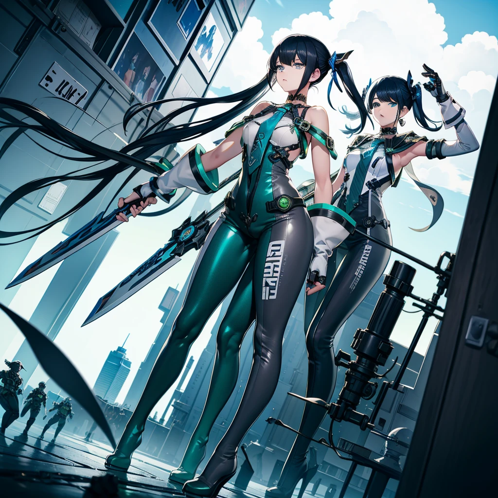 girl with blue-green eyes, wavy hair, long black hair. Comfortable clothes, balanced chubby girl's body, full body. chaotic scenery and a confident Pose. girl with some accessories such as: A wireless earphone, one on each side of her ear. A wireless earphone, one on each side of her ear, a cell phone in her hands and eyes closed. Dressed in: a green cropped top with bunny accessories, a bunny ear on the hood, a tight black skirt, tight black stockings, black boots. Beautiful scenery