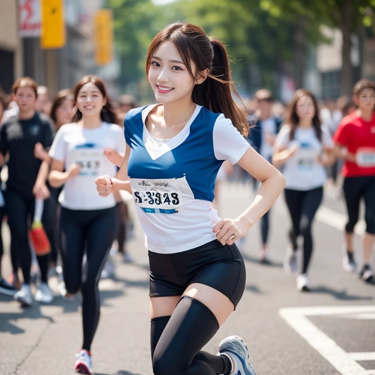 the Extremely Detailed CG Unity 8K Wallpapers, Best Quality, Ultra-detailed, masutepiece, Realistic, photo Realistic, extremely detailed cute girl, 18year old, (Wearing an athletics uniform), (Lace Bib), Smile , nabel, Half body shot , athletic field , (get sweaty)