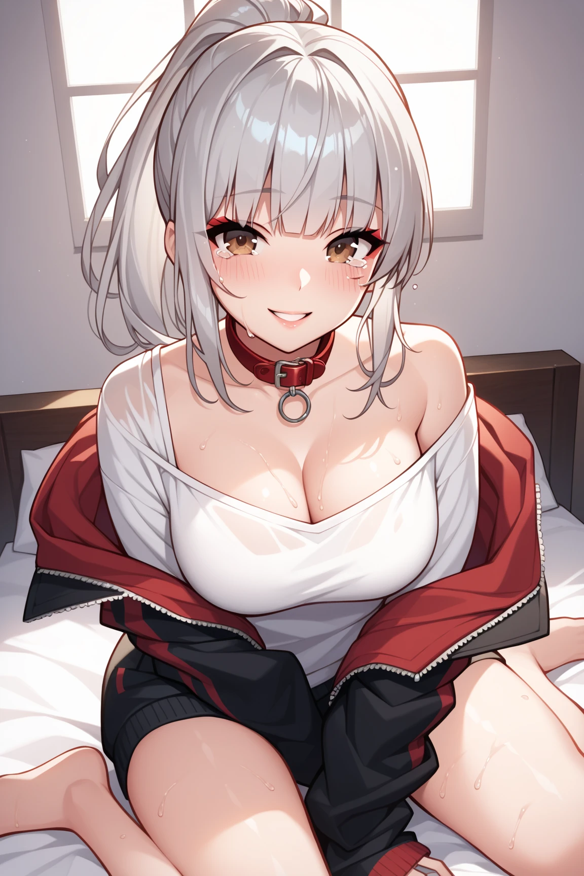 A short but cute vampire girl, medium size breast, curvy hips and thick thighs, Short greyish white hair, cute scarlet red eyes, smiling, grey hoodie with shorts, romantic lighting, inside a modern house, Silver wedding ring on finger.
