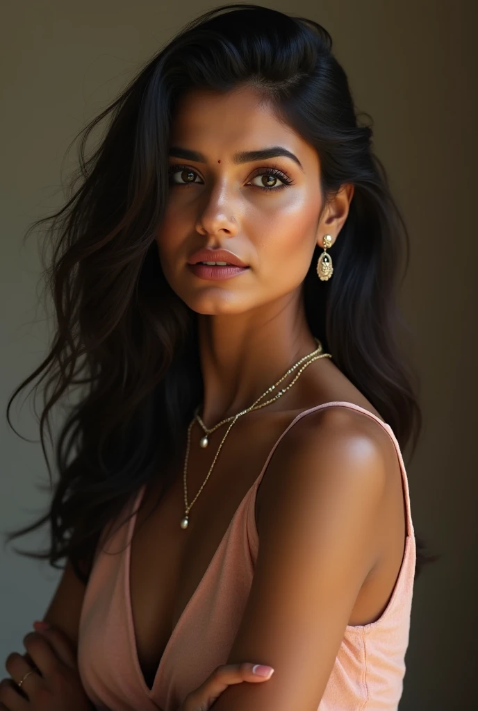 A hot indian lady wearing deep neck black salwar kameez.