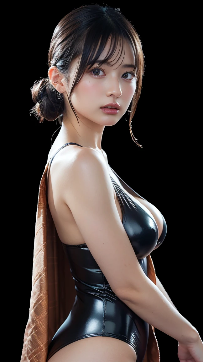 128K Female Models , huge breasts, eye, ((random hairstyles)), High resolution , Upper body, no background, studio lightning , beautiful girl, ((8K,UHD,(realistic:1.2) Copper Hypermade Asymmetric One Shoulder random cloth))),see-through leotard