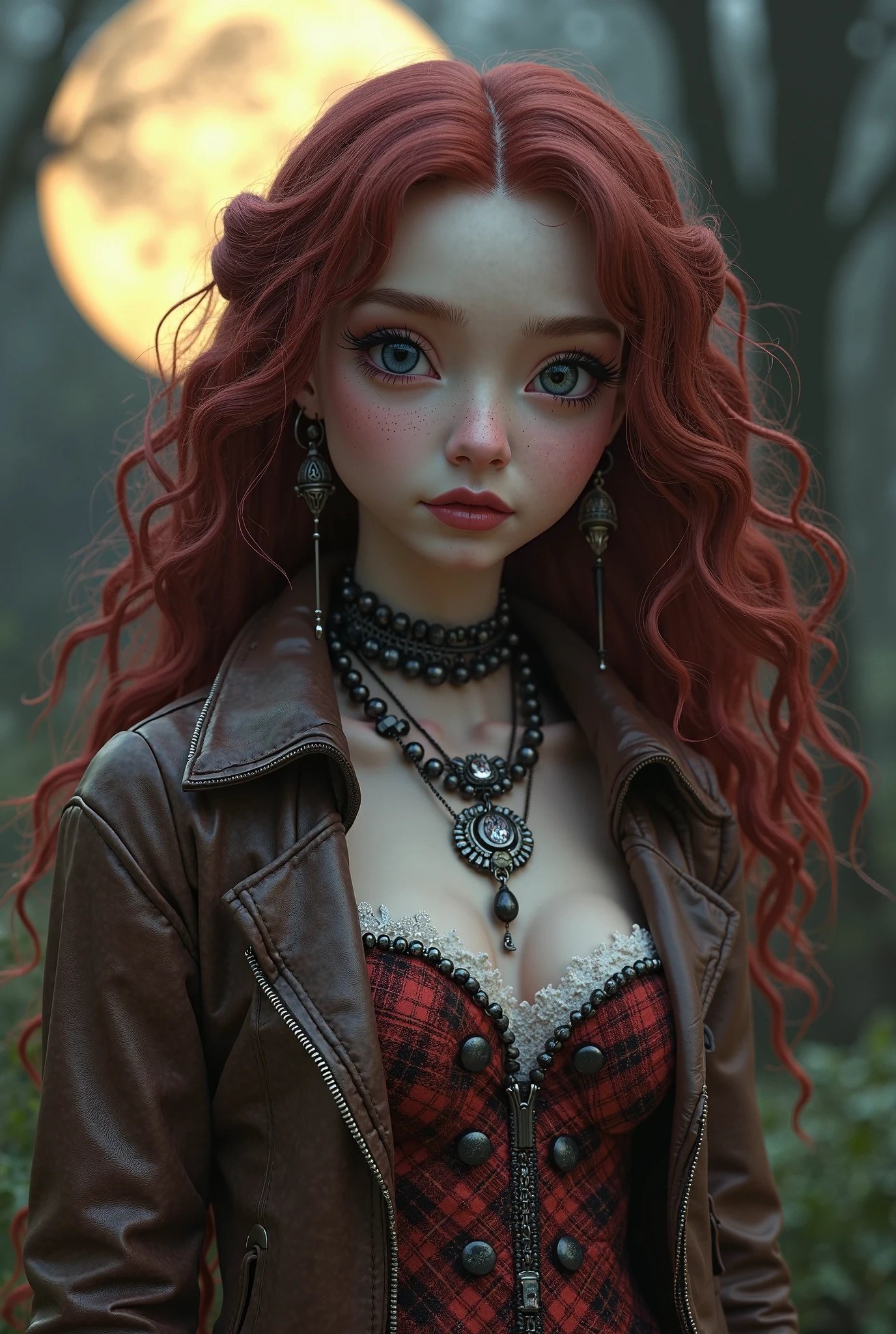 Gothic woman with long curly hair red as fire, gray eyes and cheeks dotted with freckles in a hidden cabin in the woods