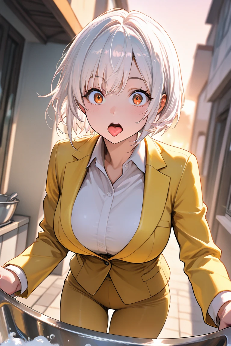Marín kitagawa ((masterpiece, best quality)),(complex lighting),solo,1girl, medium view, white hair, yellow eyes, tomboy, very short hair, forehead ,dark skin, tan, yellow eyes, lipstick, forest, white shirt, necktie,