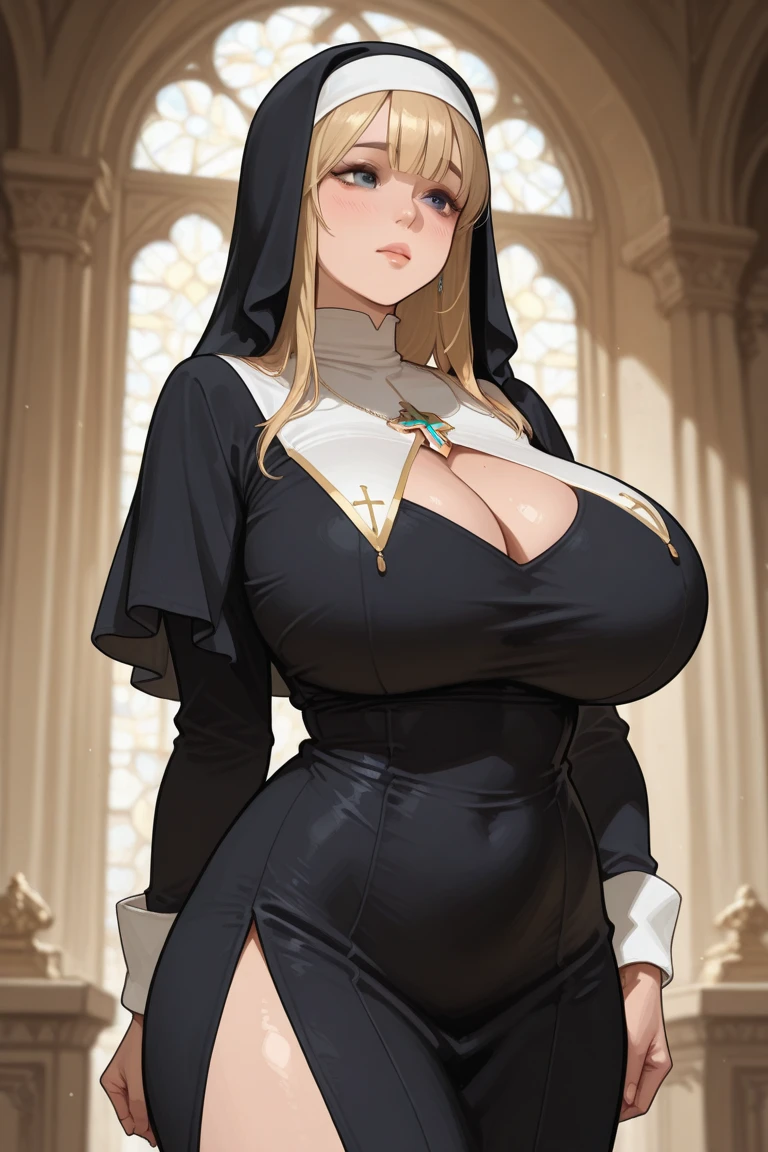 (masterpiece, top quality, best quality, official art, beautiful and aesthetic:1.2), (1girl:1.3), ((Sharp facial features, sharp features, hawkish features)), ((grey eyes)), busty paladin knight girl, extremely detailed, portrait, looking at viewer, solo, (full body:0.6), detailed background, full-body shot, (cold mountain nighttime glacier theme:1.1), holy knight, (nun), charlatan, smirk, mysterious, swaying in mountains, armor, polished metal, gold trim, long boots, white fabric, pelvic curtain, robe, pale leather, ((((nun, crossbow, heavy armor, armored, long legs, robes, prayer scrolls, toned, muscular)))), slim waist, slim hips, long legs, medieval (mountain exterior:1.1) background, dark mysterious lighting, shadows, magical atmosphere, dutch angle