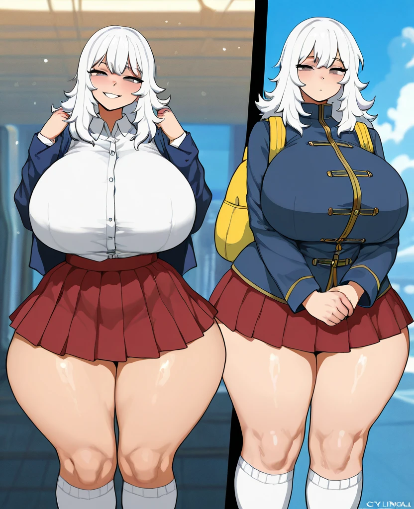(((baby))), (((little cutie))), (((short stature))), (((White shirt, vest, vest negro, tie, Short skirt, master work 4k))), ((white hair with bangs covering one eye)), ((very obese)), ((Fat face)), (((big belly))), (((Open mouth) )), ((fat and wide thighs)), (((shy and adorable pose))), (((in a coffee shop ))), detailed background, ((full body image)),