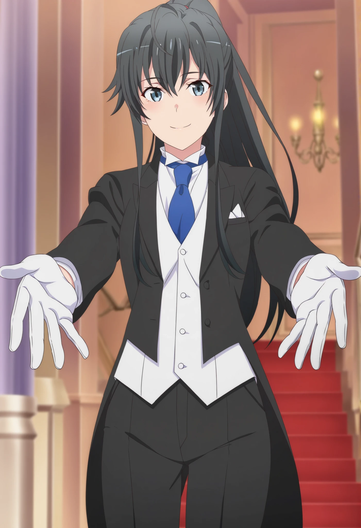 score_9,score_8_up,score_7_up,source anime,anime screencap,anime coloring,masterpiece,best quality,,,in front,,,1girl, solo, standing yukinoshita yukino, blue eyes , black hair, long hair, ponytail, tuxedo tailcoat, butler, blue necktie, black pants, white gloves , soft thighs,cool smile, reaching at viewer, handsome girl, shinny eyes , upper body