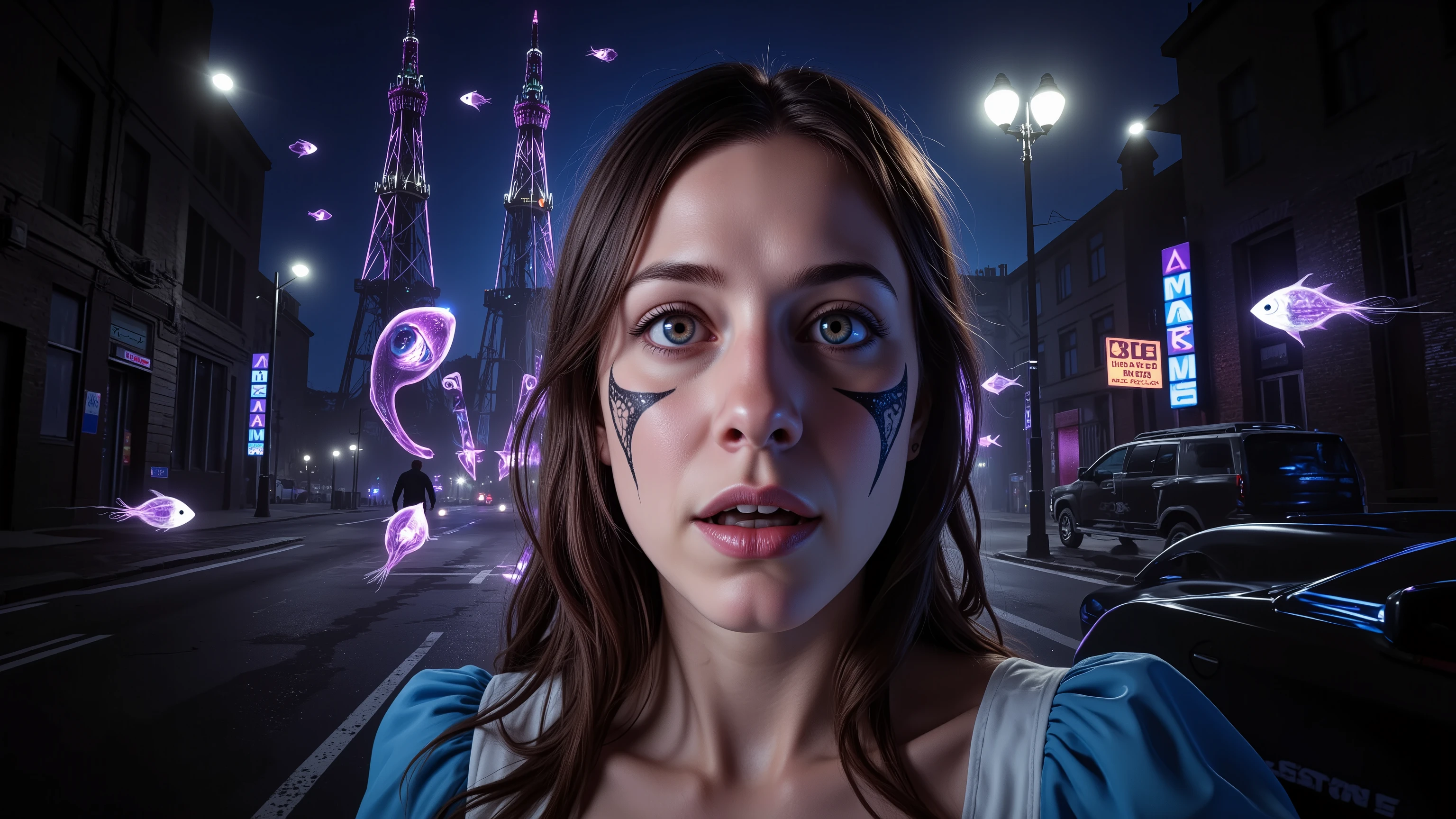 Alice Liddell, street lights, (black light), tilt angle, Eye of Providence, fisheye-lens, mad, lunatically, creepy, glowing geometrical fish, radio tower