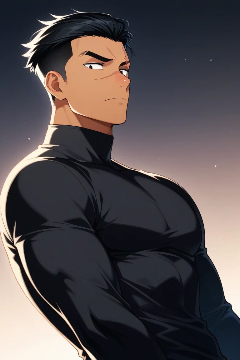 anime characters:Superhero in tights, negro black skin, He was entangled by a large number of thick black tentacles, Very stout, Lots of mucus, Wrap around the neck, Wrap around the waist, Tightly tied, Manliness, male focus, Yellow and black high collar long sleeve tight T-shirt, Slightly transparent material, Very tight, Round, full and perky chest muscles, Male dog waist, Slightly transparent, muscular male, muscular, only, Upper body, alone, Black short hair, Thick eyebrows, stubble, Yellow eyes, Grey background, simple background, amazing quality, best aesthetics, Ridiculous, bright pupils, crew cut, parted lips, seductive smile, torogao, naughty face, drop shadow, best quality