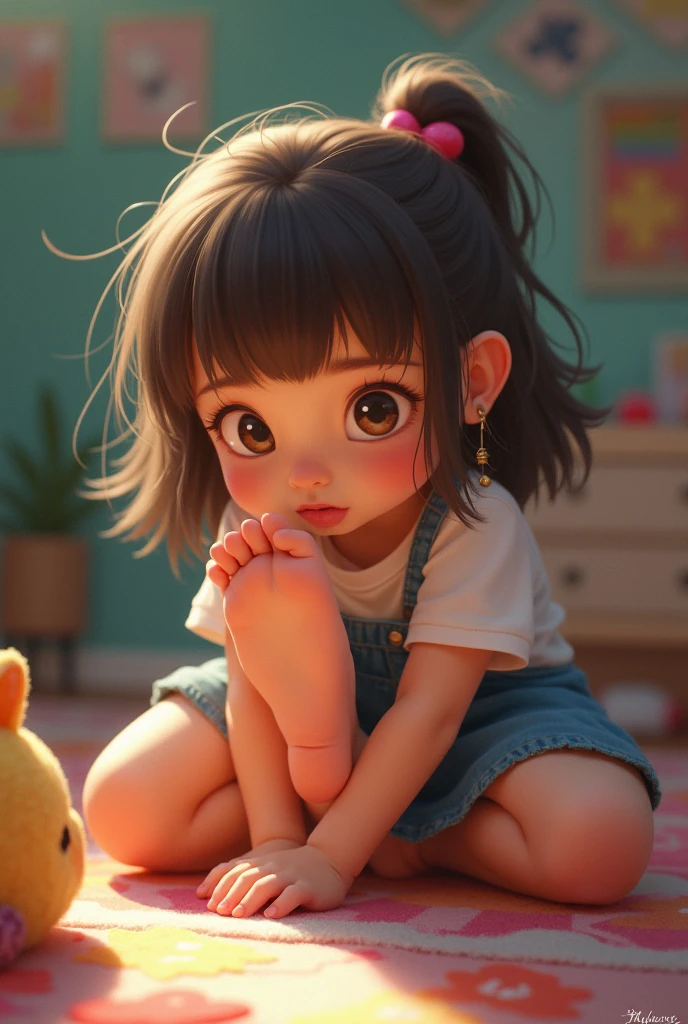 2d flat cartoon asian little girl, smiling expression, head to body equal, sitting on the floor, making the action of wearing socks, she must not wear shoes, Q version image, fresh wind, pure white background, no shoes, no shoes, only two legs, thin legs
