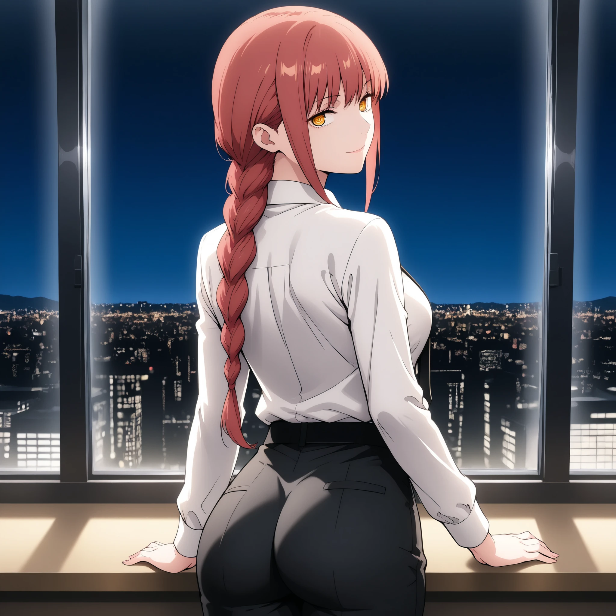 makima, makima, long hair, red Hair, smile, bangs, braid, braided ponytail, yellow eyes, ringed eyes,
shirt, long sleeves, white shirt, necktie, collared shirt, pants, black pants, formal, suit, shirt tucked in,
Office, night, standing by window
standing, looking back at viewer,back view, cowboy shot, solo, cute ass,
(((1girl, solo))) adult, mature, +18