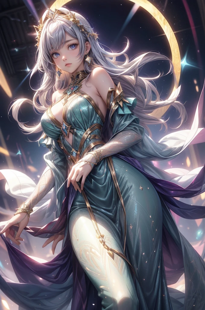 Create an image of a mystical, elegant elven sorceress standing in a lush, enchanted forest. She has long, wavy brown hair that flows down her back, and her piercing blue eyes are filled with wisdom and magic. Her pointed ears and delicate facial features are adorned with a glowing blue gemstone tiara and matching jewelry. She wears intricate, shimmering silver armor that blends seamlessly with her flowing, ethereal robes, all adorned with glowing, magical patterns in shades of blue and purple. In her hand, she conjures a swirl of vibrant, magical energy that illuminates the surroundings with a soft, radiant light. The forest background is rich with deep greens and shadows, creating a contrast that makes the glowing blues, purples, and silvers of her attire stand out vibrantly, highlighting her powerful and otherworldly presence