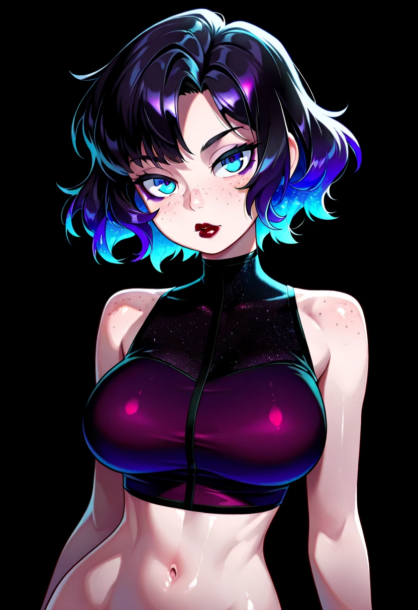 ultra HD, 4k resolution, ultra detail, big breasts, pretty face, wolf cut hair, cleavage visible, blush on the face, glowing body