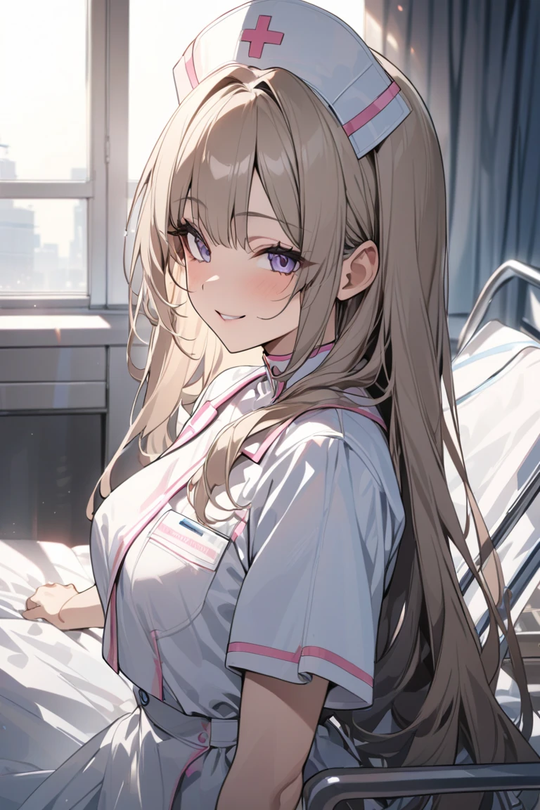 masterpiece,Highest quality,8k,Blonde,Hospital room,nurse,Bold Pose,Looking down at the bed,Shiny hair,Glossy skin,Japanese idol model,