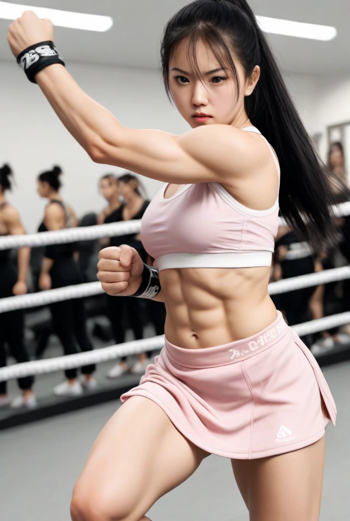 best resolution, 3heads, korean woman with three heads, hair buns, sports bra, punching pose, boxing gloves, boxing shorts, boxing stance, boxing ring background