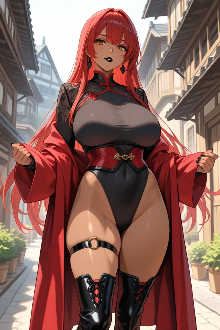 (hews art style:0.7), (hero neisan art style:0.7), score_9, score_8_up, score_7_up, score_6_up, Iris Midgar, red hair, long hair, braid, red eyes, BREAK (masterpiece:1.2), best quality, high resolution, (detailed eyes:1.3), perfect lighting, (perfect hands, perfect anatomy), large breasts, 1girl, breasts, tongue out, tongue, solo, hood, navel, squatting, piercing, large breasts, navel piercing, looking at viewer, pink panties, spider web print, panties, abs, underwear, smile, armpits, gloves, toned, full body, adapted costume, v-sign, blush, white footwear, white hood, tiptoes, jacket, spread legs, bokeh, city, street, shimmering light effect, glow effect,