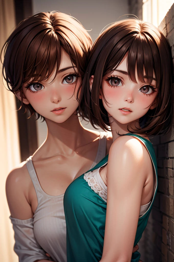 adult {loose clothes} {two women} blush {mouth open} sexy
