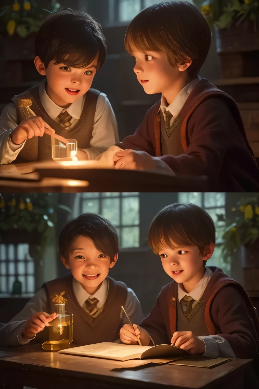 three boys making magical botanical experiments in hogwarts botany classroom, detailed facial features, serious expressions, focused actions, 5 botanical elements, best quality, 8k, ultra-detailed, realistic, physically-based rendering, vivid colors, warm lighting, magical atmosphere, fantasy style, digital painting