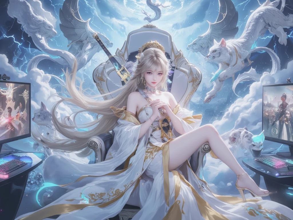 arafed woman in a white dress and gold jewelry sitting on a drum, white haired deity, ! dream artgerm, extremely detailed artgerm, goddess of light, trending on cgstation, style of artgerm, ig model | artgerm, artgerm. anime illustration, anime goddess, with long white hair, a beautiful fantasy empress