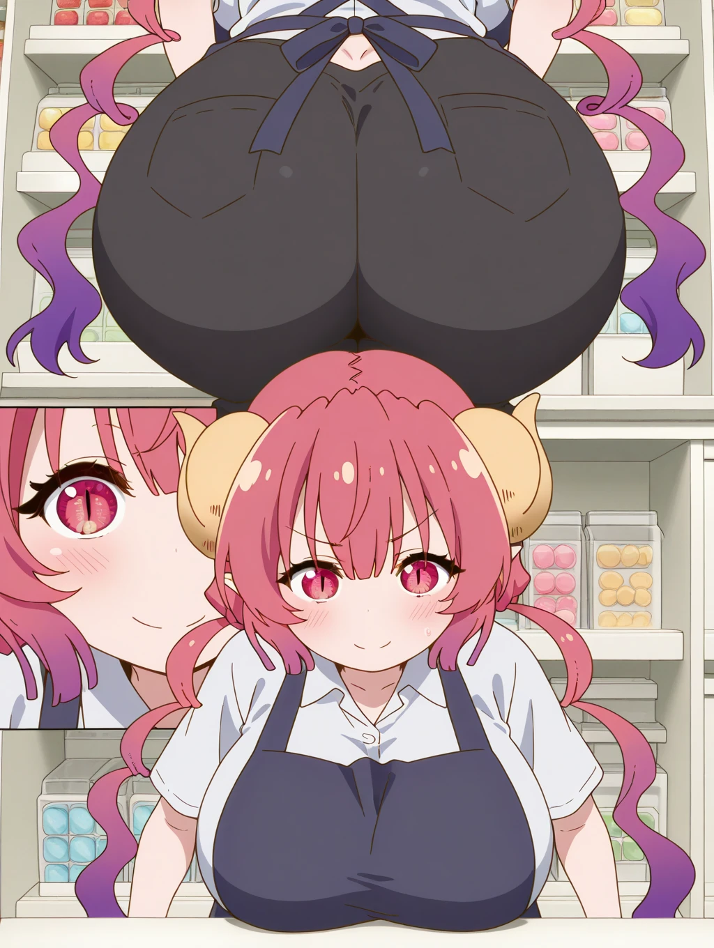 score_9, score_8_above, score_7_above, fountain_cheered up, cheered up screencap, black shirt, aboveper body, SMILE ,big breasts, perla, dragon girl, wide, pink hair, dragon horns, pointy ears, multicoloRed hair, Red hair, hits, slit paboveils, giant breasts,