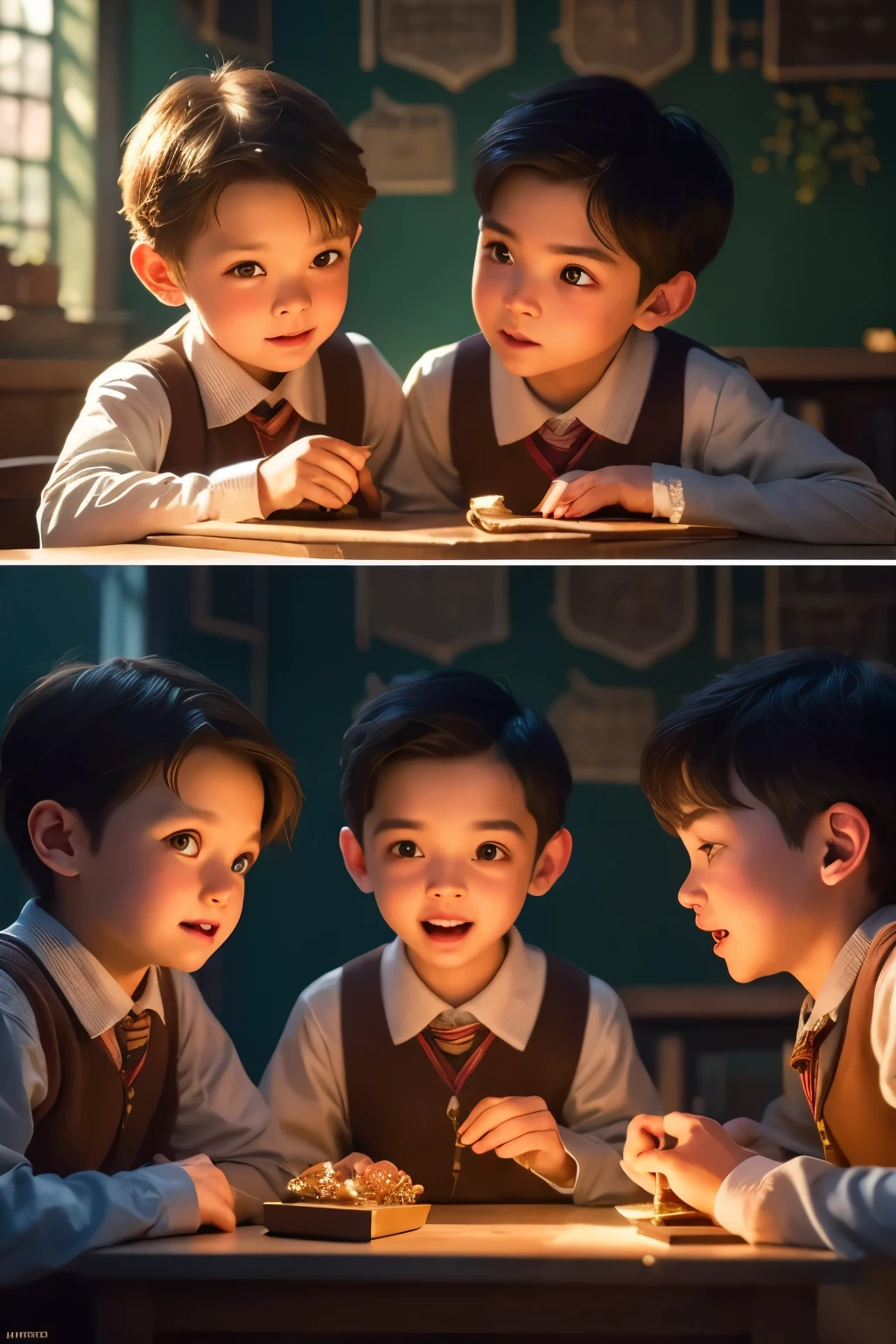 three boys making magical botanical experiments in hogwarts botany classroom, detailed facial features, serious expressions, focused actions, 5 botanical elements, best quality, 8k, ultra-detailed, realistic, physically-based rendering, vivid colors, warm lighting, magical atmosphere, fantasy style, digital painting