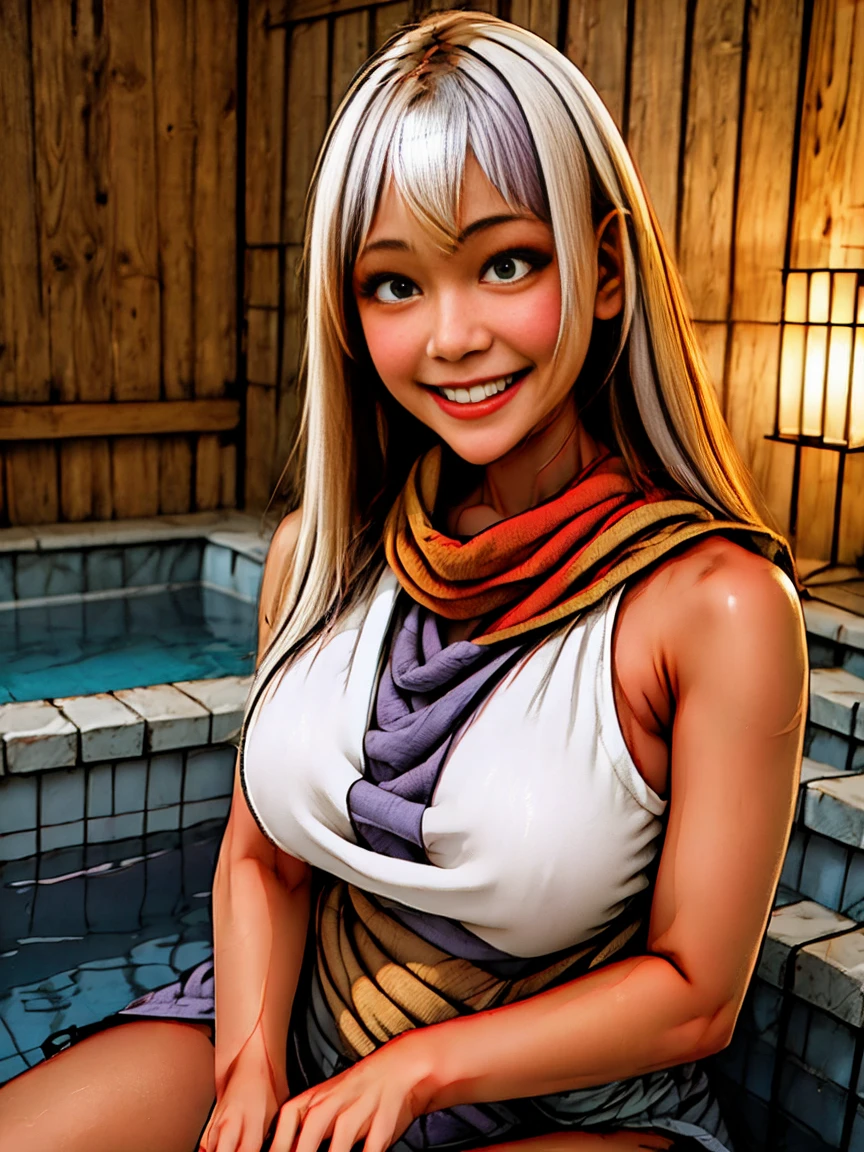 obra maestra, photoRealistic, 8K ,Make eye contact with the camera., micro bikini, escote,、Los detalles del iris de la pupila son muy sorprendentes、Extremidades sin roturas.、adolescente blanca、Boca naturalmente cerrada、Areola natural、natural 、ojos fijos、cuerpo natural、Slightly baby face、rostro femenino、cuerpo femenino、con cara redonda、a small face、mejillas suaveirando a la camara、cuerpo completosbian、desapego、Rostro equilibrado、Estrabismo ligeramente interno、top-less, Golpes ((ojos grandes)) pechos reveladores. ropa de dormir elegante transparente, demonio , demonio Slayer, pelo blanco, mucama, servidumbre, Mansion, asombroso, Real anime, diadema en la cabeza, blanco, cuerpo mojado, arcoiris verde rosa, textura en la piel, Real, blue kimono, escote, bathtub, Japanese outdoor bath