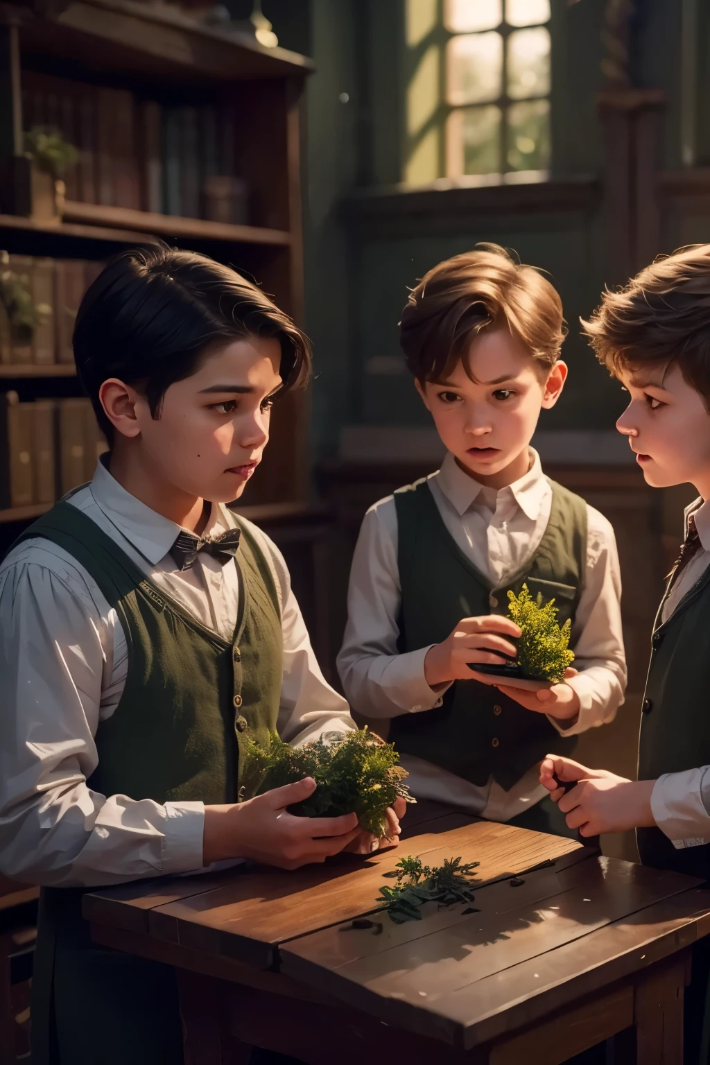 three boys making magical botanical experiments in hogwarts botany classroom, detailed facial features, serious expressions, focused actions, 5 botanical elements, best quality, 8k, ultra-detailed, realistic, physically-based rendering, vivid colors, warm lighting, magical atmosphere, fantasy style, digital painting
