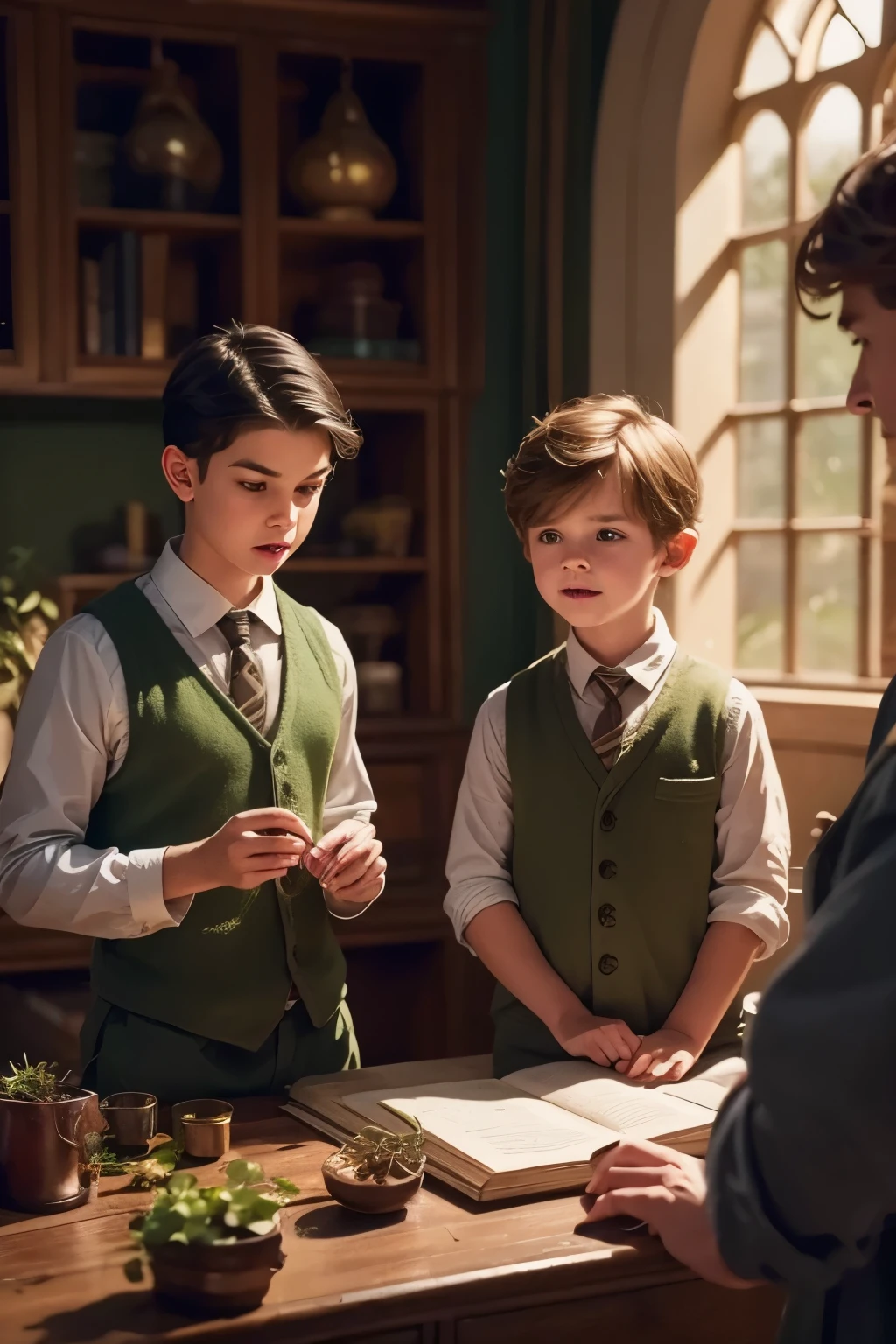 three boys making magical botanical experiments in hogwarts botany classroom, detailed facial features, serious expressions, focused actions, 5 botanical elements, best quality, 8k, ultra-detailed, realistic, physically-based rendering, vivid colors, warm lighting, magical atmosphere, fantasy style, digital painting