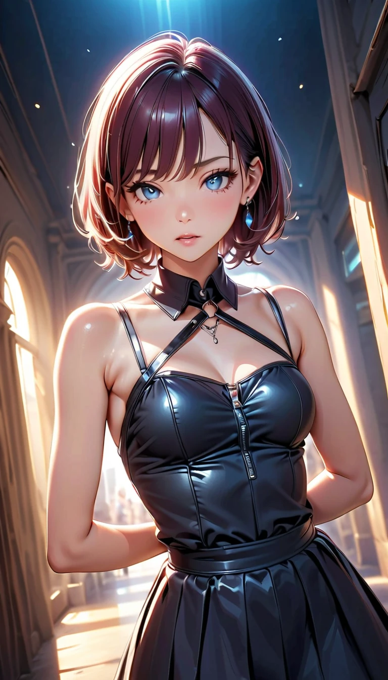 Short hair girl,【Cosplay】Yor Briar Ibra Hime, (narrow waist), blushing, official art, detail face, cg,looking at viewer, (standing),midnight,huge breast, smile, outdoors, night