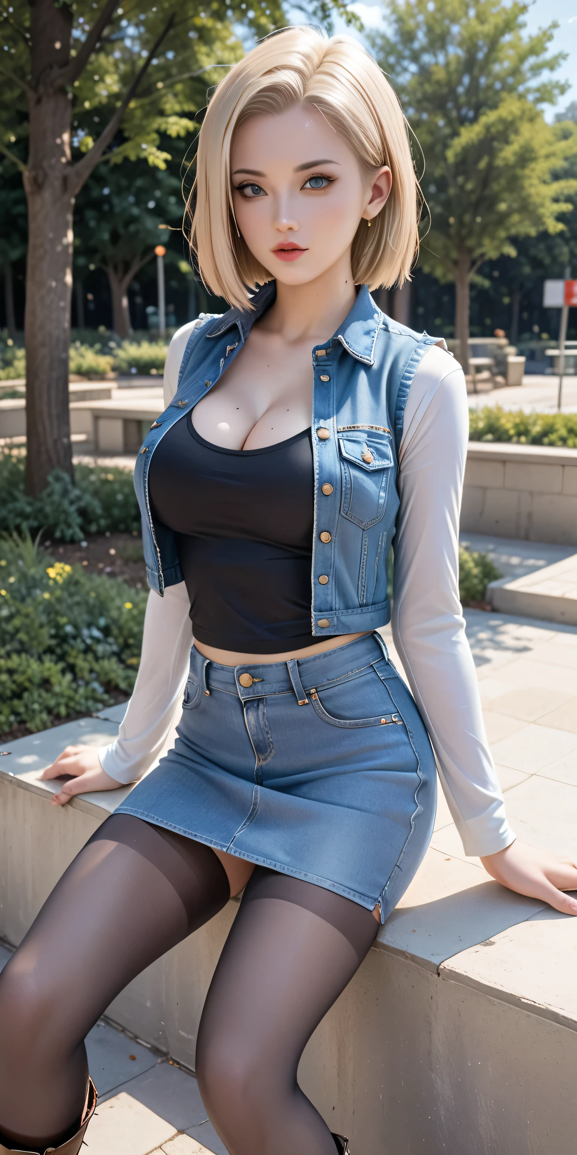 (One girl), (Android 18), (Her body and eyes face forward), ((She sat on the steps of the driveway outside the building)), (She looks intently at her boyfriend), (Blonde hair), (Sexy girl), (She wearing light blonde hair), (Medium length hush cut hair), (Her slender legs and stylish midium western cow-girl boots are clearly visible under the mini denim skirt she is wearing), (She have Very large breasts bouncing), (Wearing a short blue H-line denim skirt), (Wearing a mini short denim vest), (The short mini vest she wears has three small circular buttons), (The denim skirt and denim vest colors match), (She Wear long sleeves), (Long sleeves with black stripes at regular intervals on a white background), (She wears flesh-colored illusion pantyhose), (The pantyhose she wears look like brown stockings), (She wore pantyhose and wore white panties over them), ((Her white sexy panty is visible)), (No-belt), (Wearing women's Western cowboy-boots), (Wearing a black t-shirt that exposes deep cleavage), (No bra), (Breast areolas outside a black T-shirt), (Clearly exposed), (She winks with her left eye), (Boldly and fascinatingly winks her left eye and stares at me intently), (Sat on the steps of the driveway outside the building), ((Masterpiece))