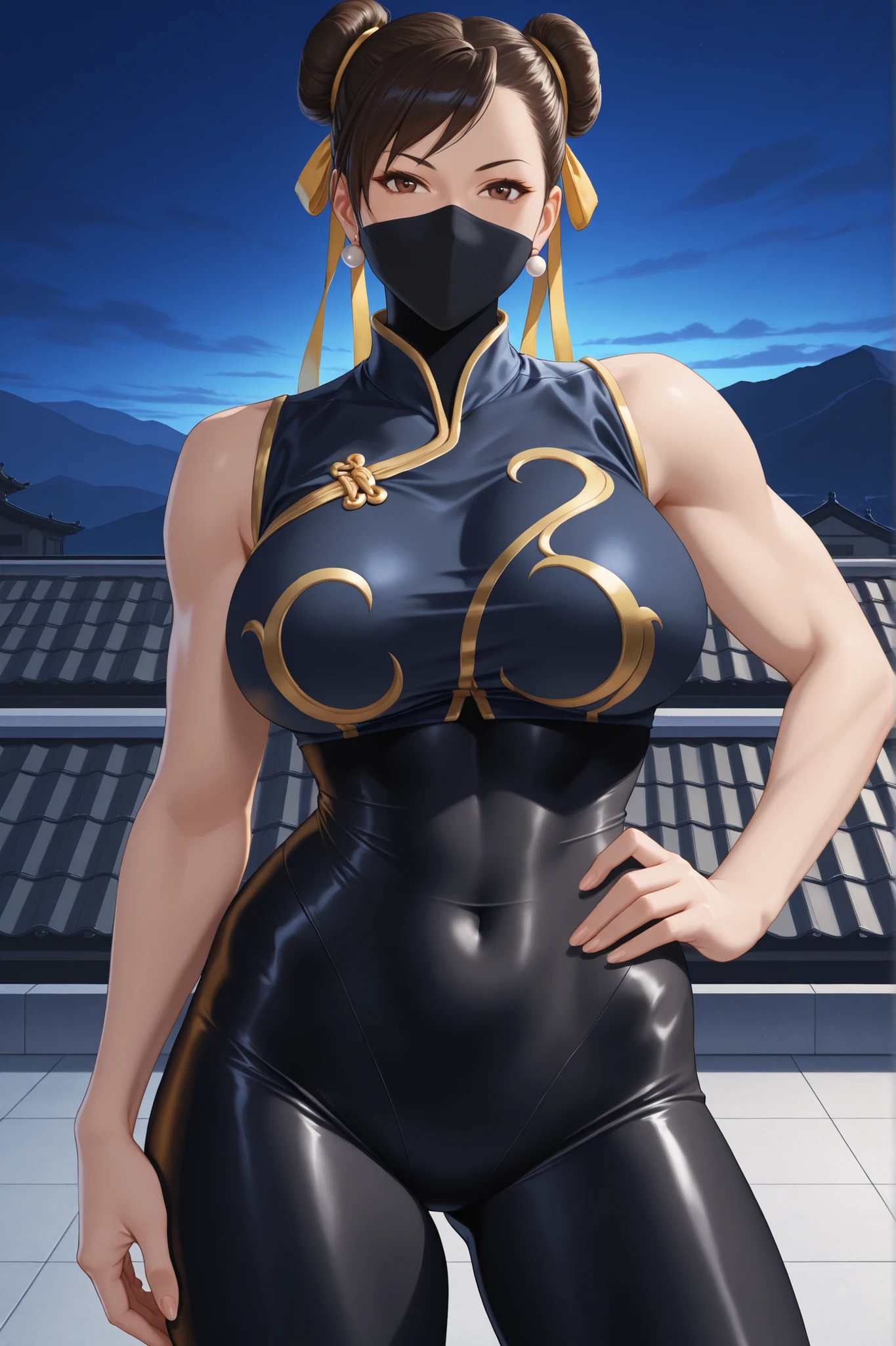 masterpiece, beautiful, ultra-detailed, detailed face, 4k, hd, perfect lighting, best quality, score_9, score_8_up, score_7_up, 2d art, perfect hands, perfect eyes
((cowboy shot)), CHUNLIAL, brown eyes, double bun, yellow ribbon, black bodysuit, black crop top, sleeveless,
1woman, confident pose, 30yo, adult, ((mature woman)), hand on hips, front, ((perfectly athletic feminine features)), big breast
nsfw, nude, chun li, standing at the edge of a rooftop under a twilight sky overlooking Seireitei
realism, detailed, skin texture style, mouth mask, ninja