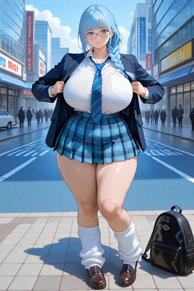 (narusawaryouka:1.1),(masterpiece:1.2), (best quality:1.2),1girl ,red tie,plaid skirt,smile,solo,(gigantic breasts:1.1) ,street,city
